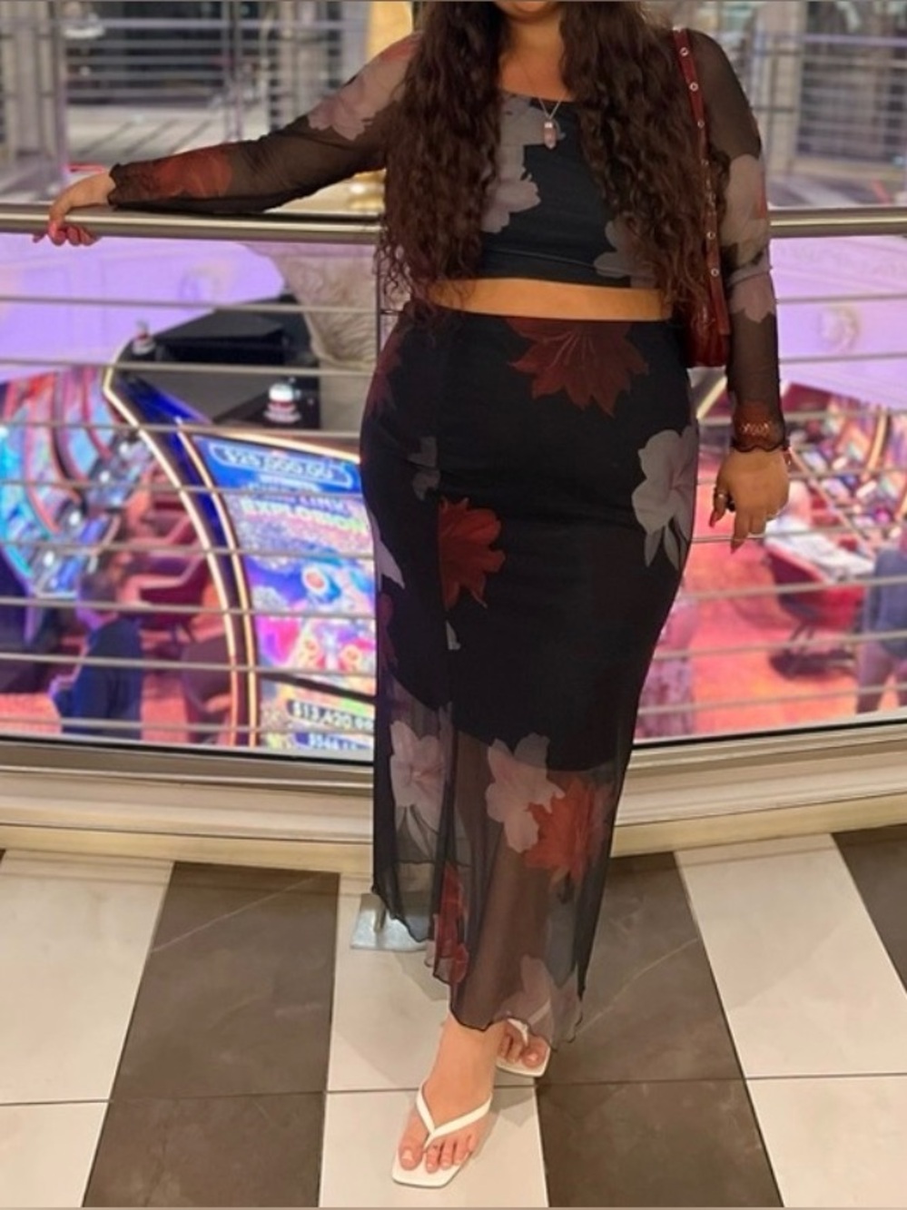 Y2K Mesh 2-Piece Matching Set Black and Floral 2XL